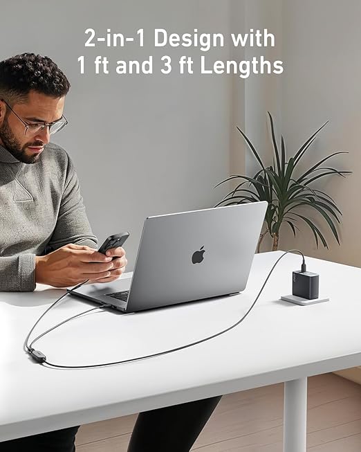 Anker Prime-laddare (100 W, 3 portar, GaN) + Anker 2-i-1 USB-C till USB-C-kabel (1,2 m, 140 W, flätad)