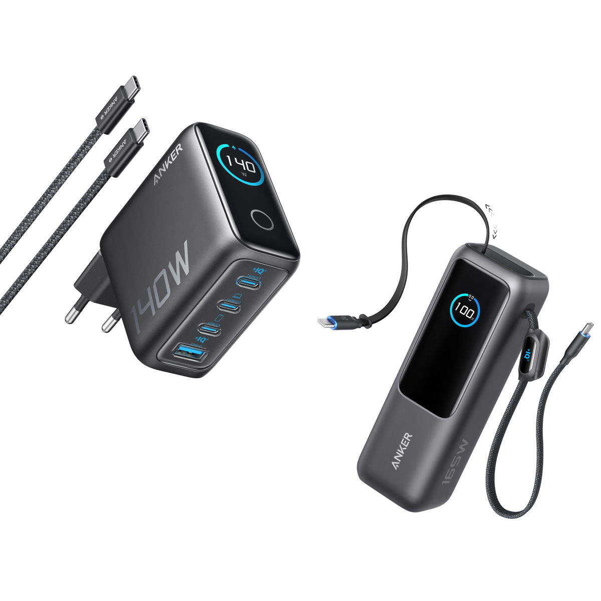 Anker Laptopladdare (140W, 4-portars, PD 3.1) med USB-C-kabel + Anker Laptop Powerbank (25K, 165W, inbyggda och utdragbara kablar)