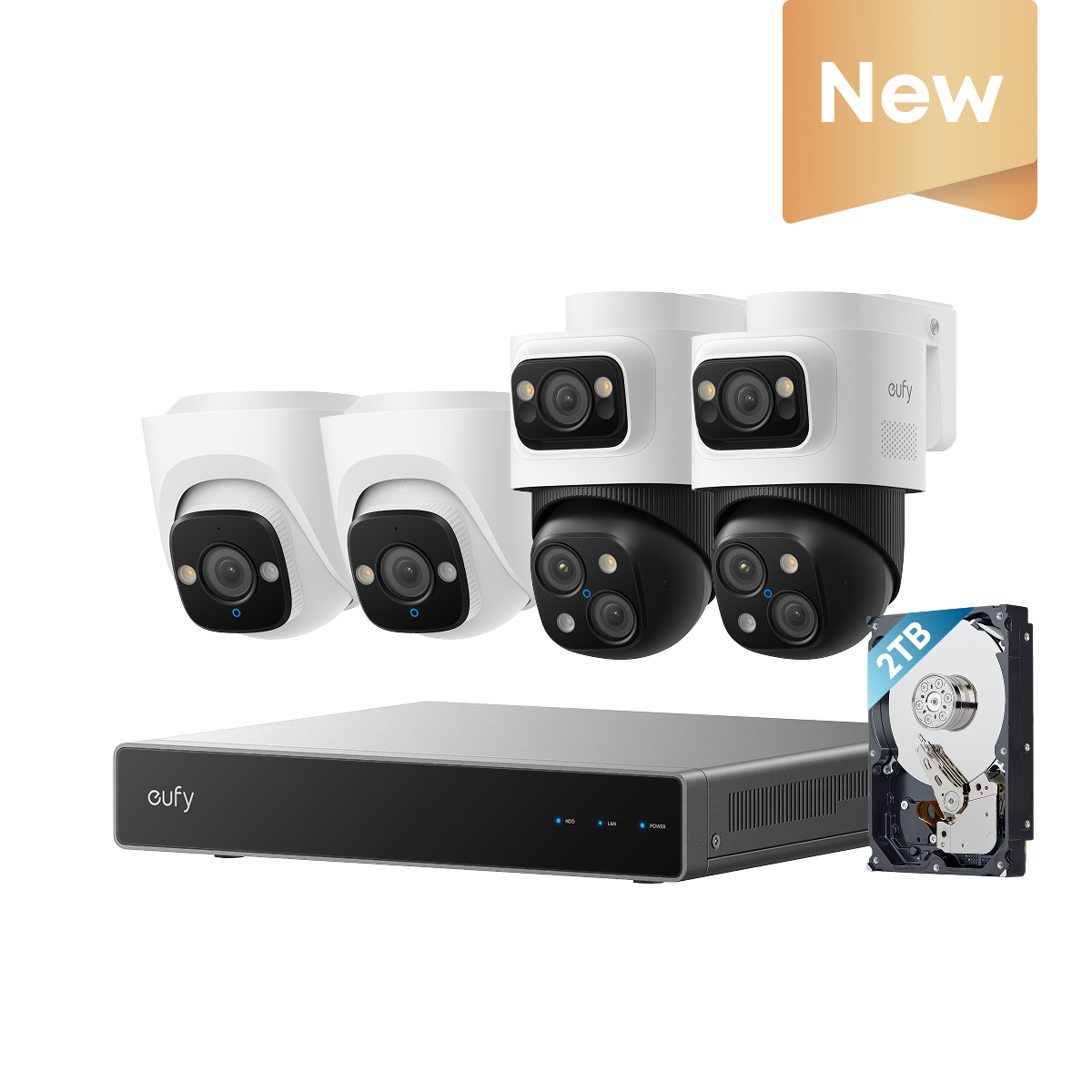 eufy PoE NVR-säkerhetssystem S4 med 2× Bullet-PTZ-kameror och 2× Turret-kameror