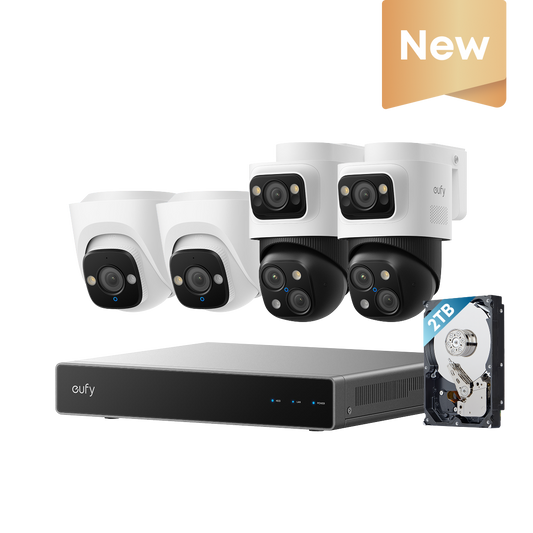 eufy PoE NVR-säkerhetssystem S4 med 2× Bullet-PTZ-kameror och 2× Turret-kameror