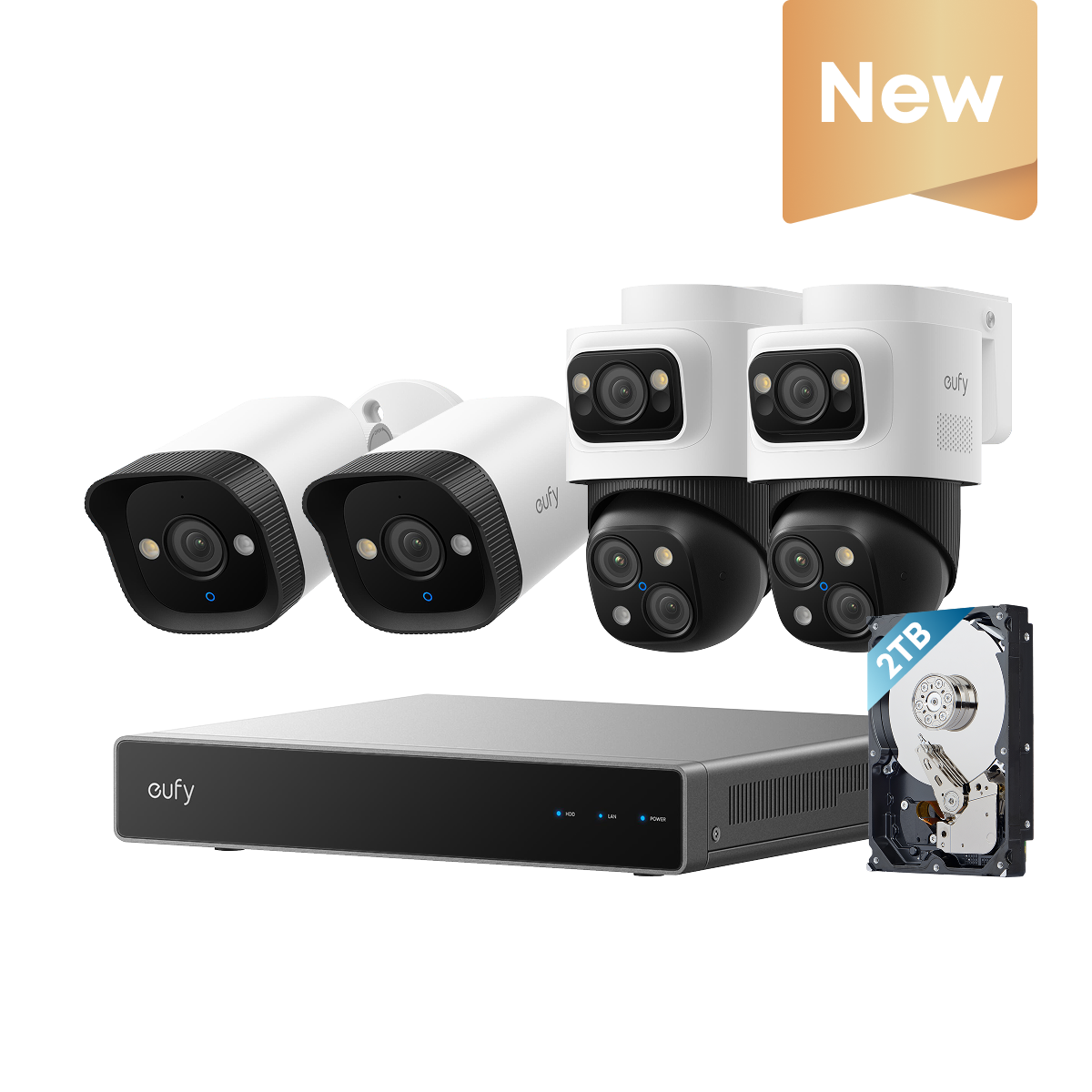 eufy PoE NVR-säkerhetssystem S4 med 2× Bullet-PTZ-kameror och 2× Bullet-kameror