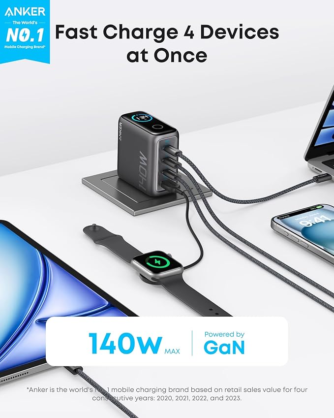 Anker Laptopladdare (140W, 4-portars, PD 3.1) med USB-C-kabel + Anker Laptop Powerbank (25K, 165W, inbyggda och utdragbara kablar)