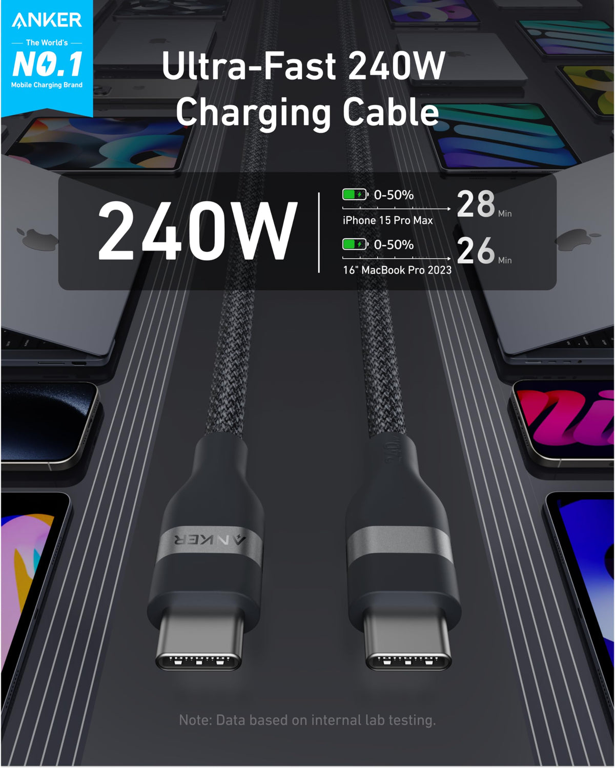 Anker USB-C till USB-C-kabel (240 W, återvunnen flätad)