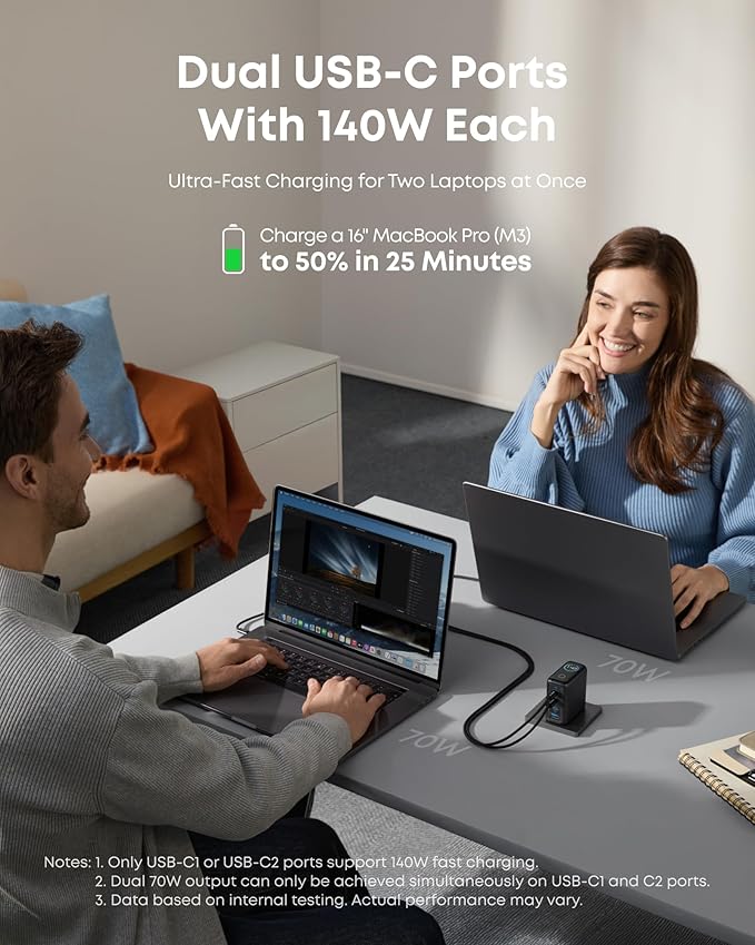 Anker Laptopladdare (140W, 4-portars, PD 3.1) med USB-C-kabel + Anker Laptop Powerbank (25K, 165W, inbyggda och utdragbara kablar)