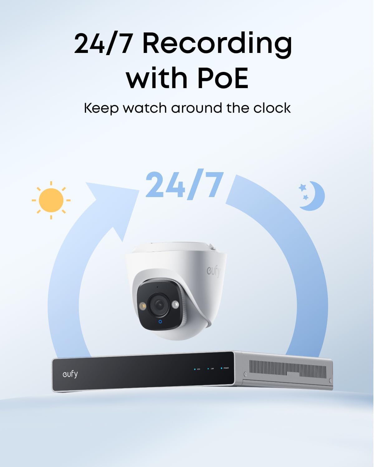 eufy PoE NVR-säkerhetssystem S4 med 2× Bullet-PTZ-kameror och 2× Turret-kameror
