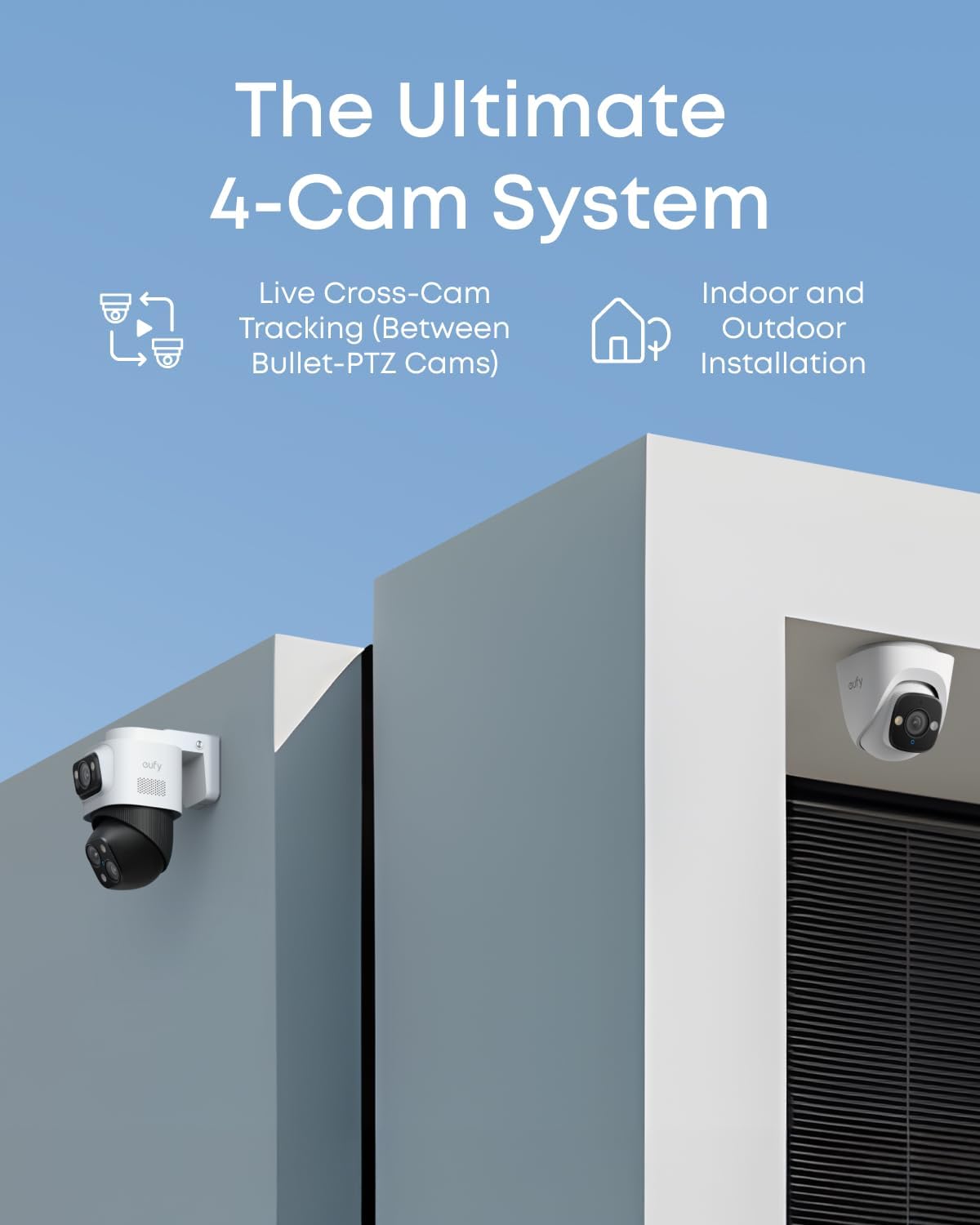 eufy PoE NVR-säkerhetssystem S4 med 2× Bullet-PTZ-kameror och 2× Turret-kameror