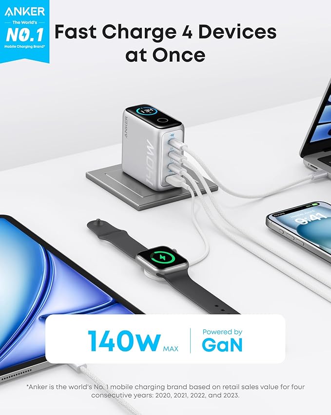 Anker Laptopladdare (140W, 4-portars, PD 3.1) med USB-C-kabel