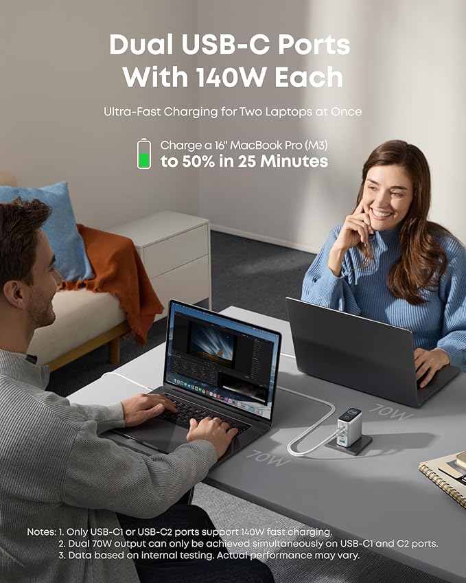 Anker 140W laptoppladdare med 4 portar + MagGo Powerbank 10K Slim – silver/vit