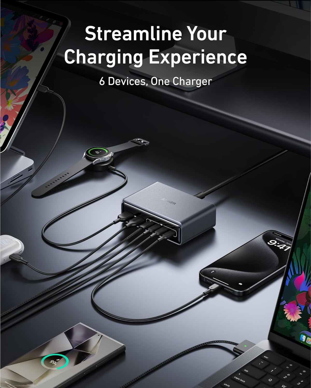 Anker Prime Charger (200W, 6 portar, GaN) + Anker MagGo Power Bank (10K)