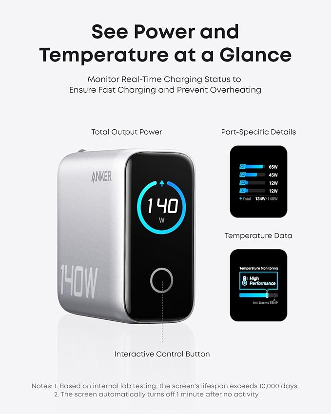Anker 140W laptoppladdare med 4 portar + MagGo Powerbank 10K Slim – silver/vit