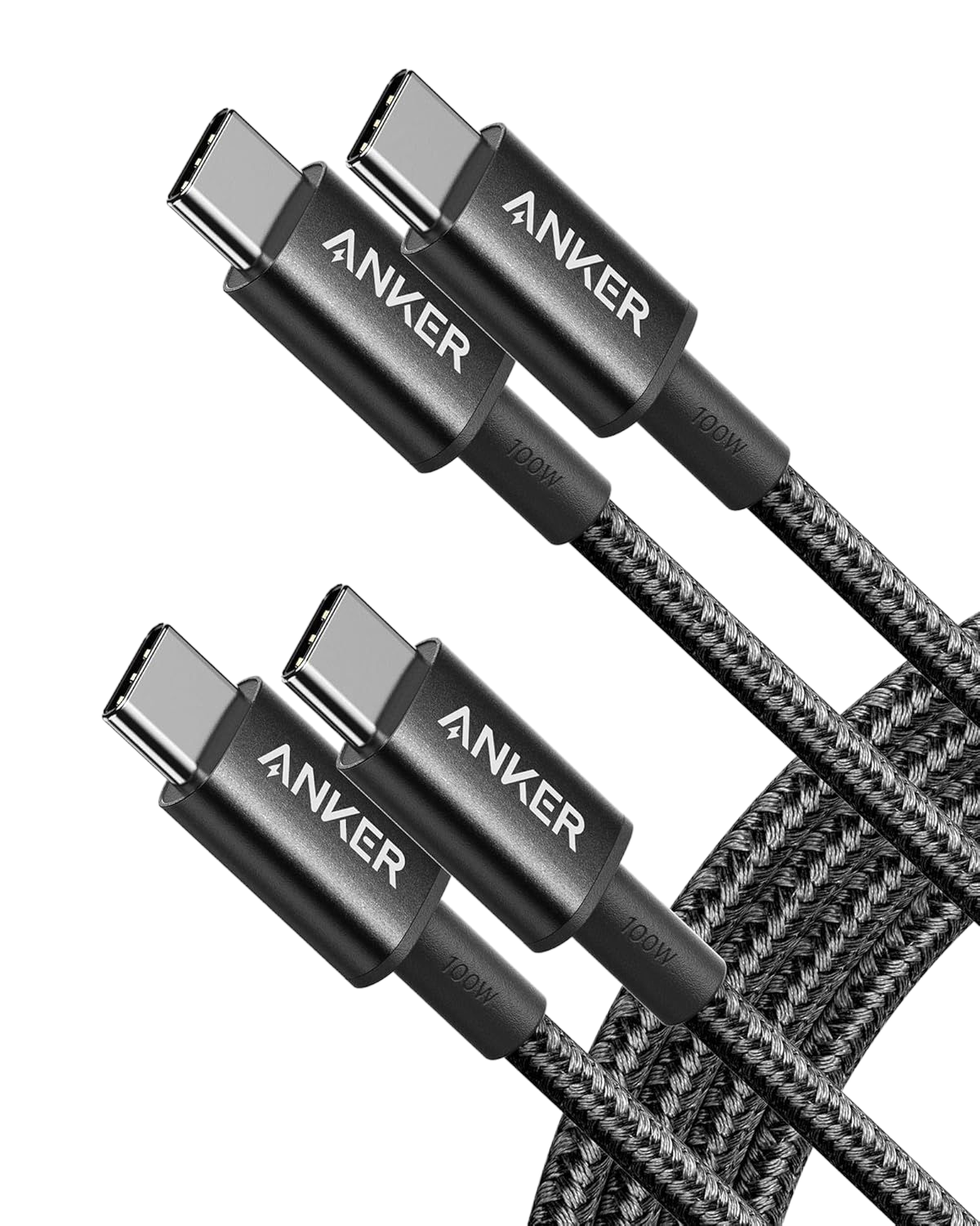 Anker USB-C till USB-C-kabel (1,8 m, flätad, 100 W) 2-pack svart