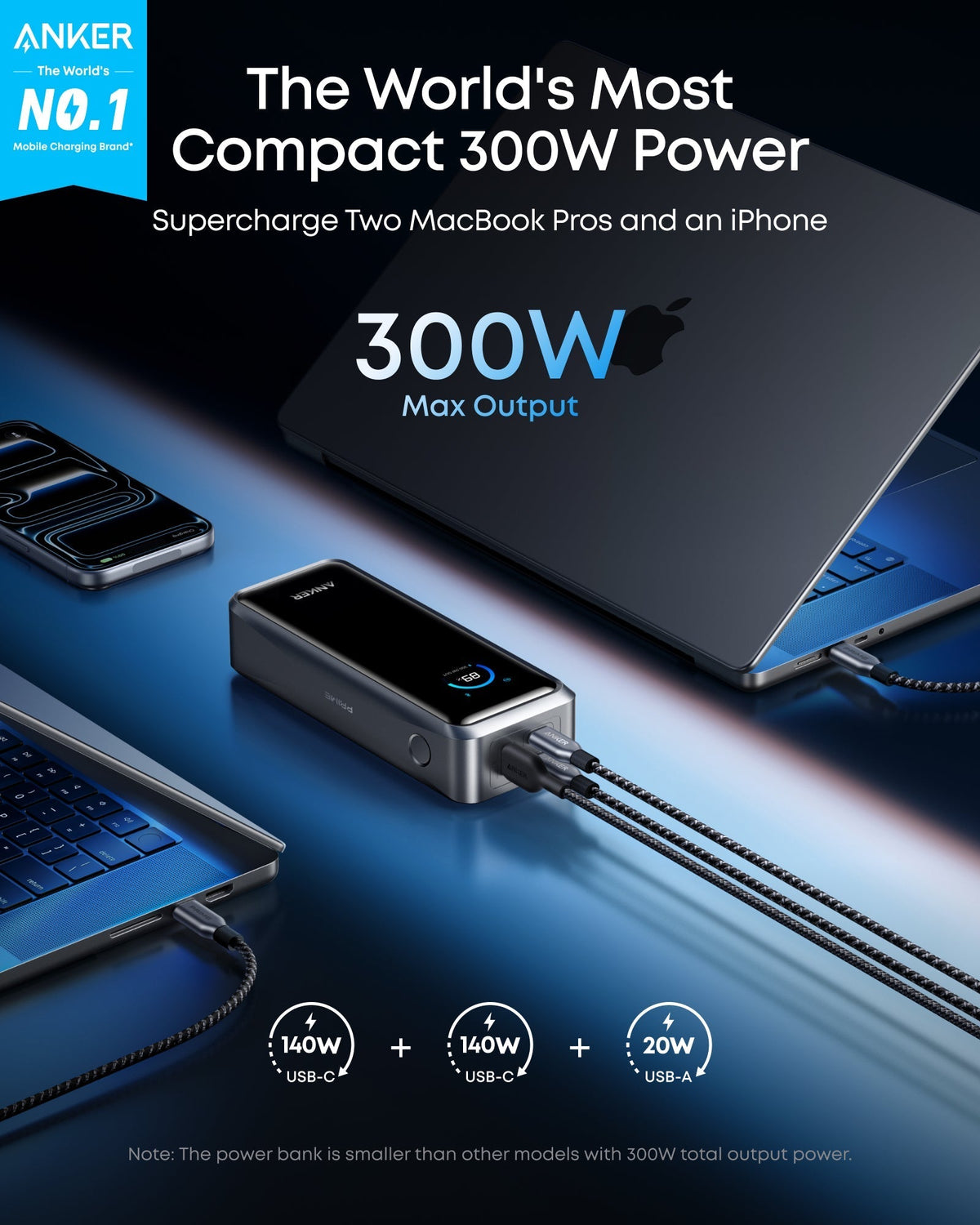 Anker Prime-laddare (160 W, 3 portar, smart skärm) + Anker Prime powerbank (26K, 300 W)