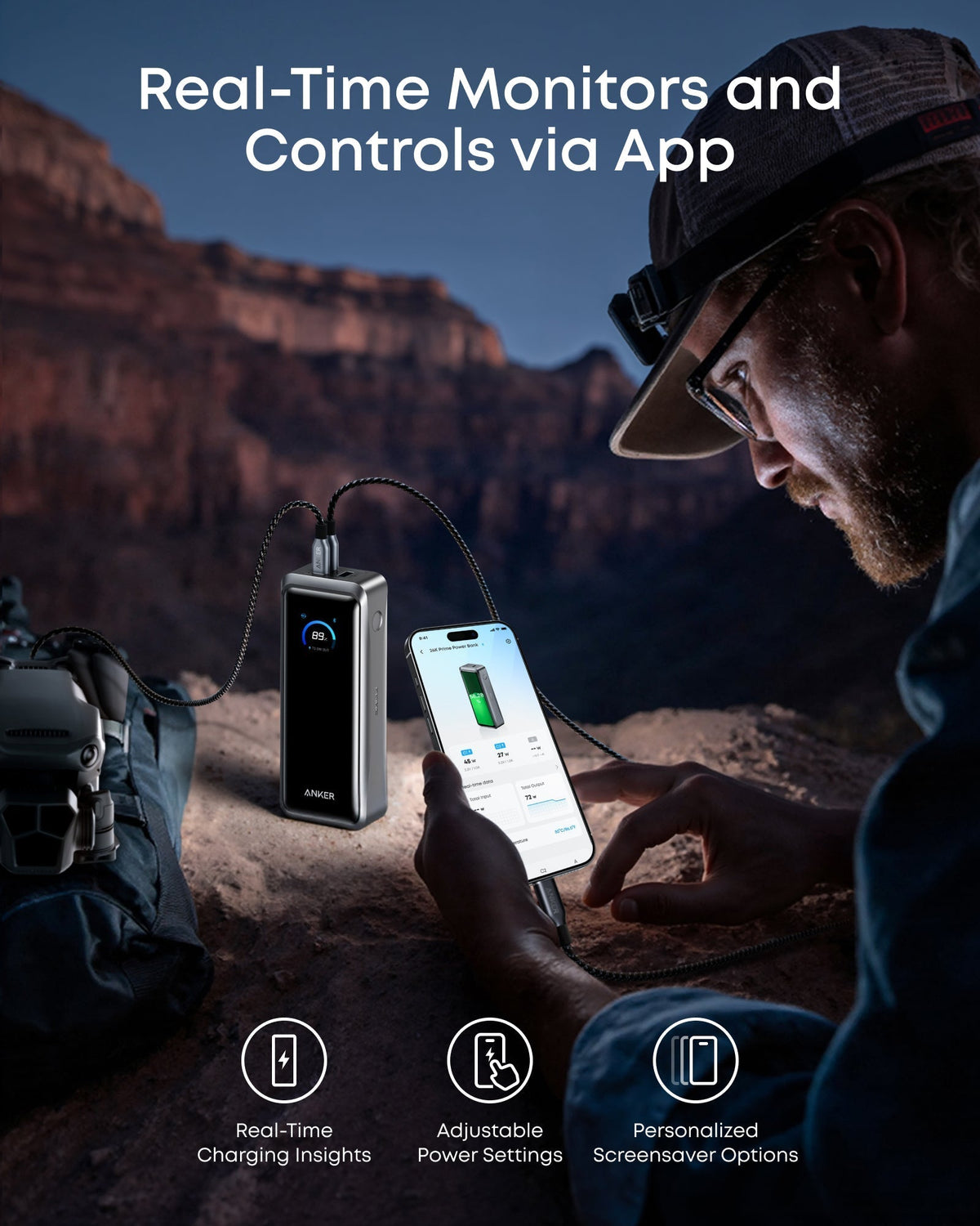 Anker Prime-laddare (160 W, 3 portar, smart skärm) + Anker Prime powerbank (26K, 300 W)