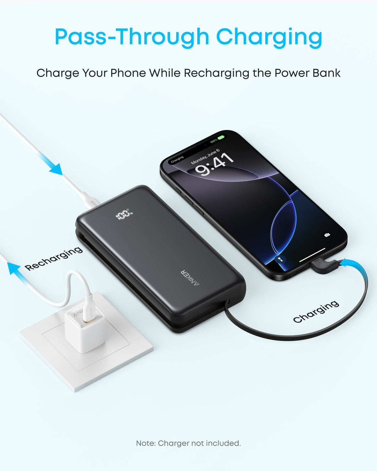 Anker Zolo Powerbank (20K, 22,5W, inbyggd USB-C-kabel)