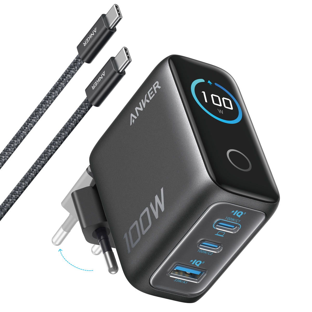 Anker-laddare (100W, 3 portar, smart skärm)