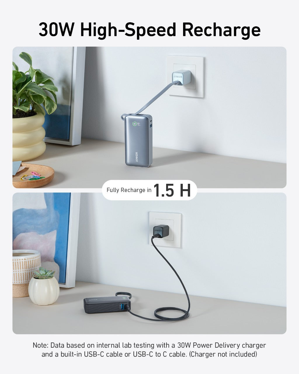 Anker Nano Powerbank (30W, inbyggd USB-C-kabel)