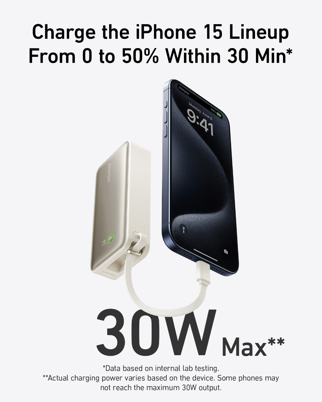 Anker Nano Powerbank (30W, inbyggd USB-C-kabel)