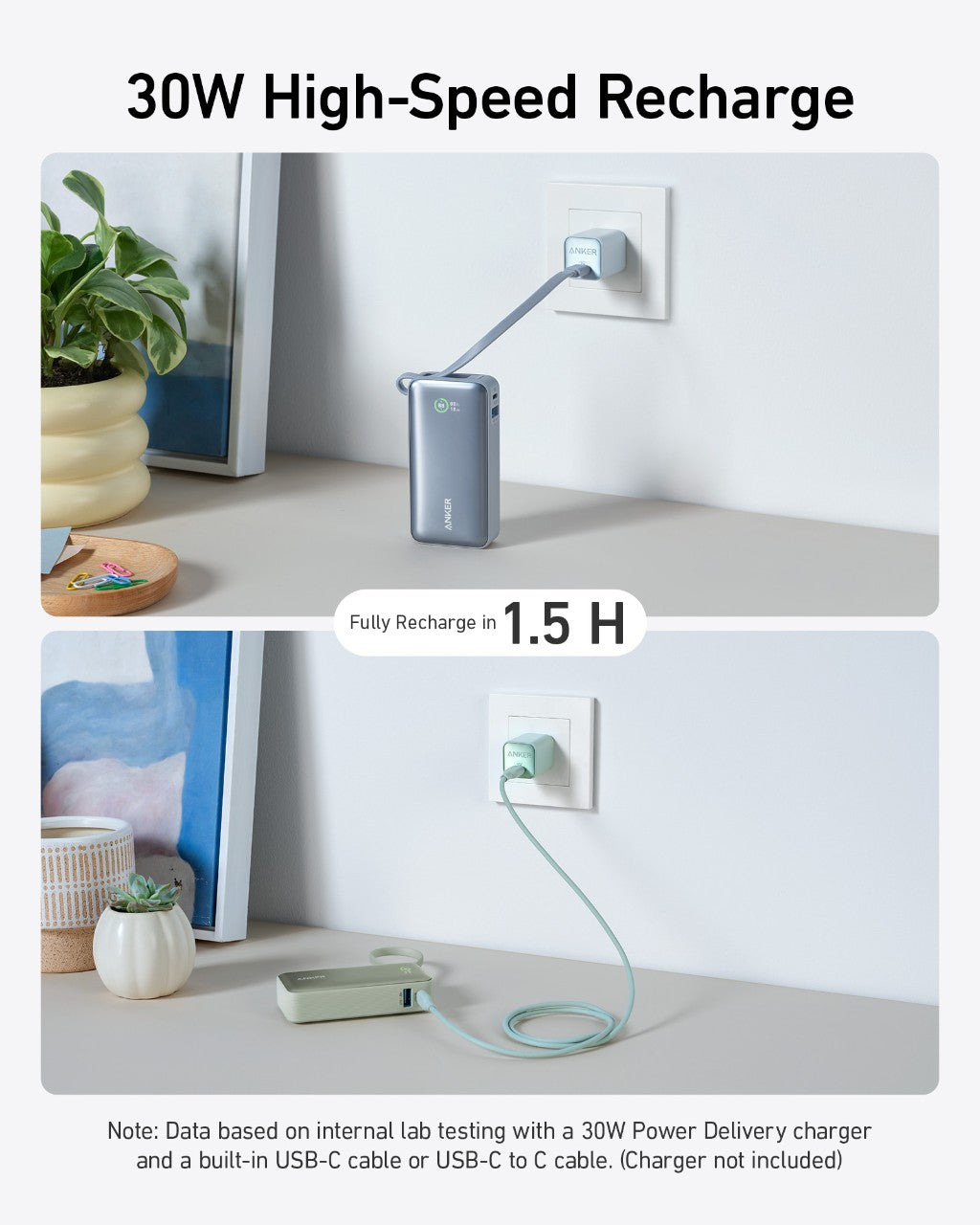 Anker Nano Powerbank (30W, inbyggd USB-C-kabel)