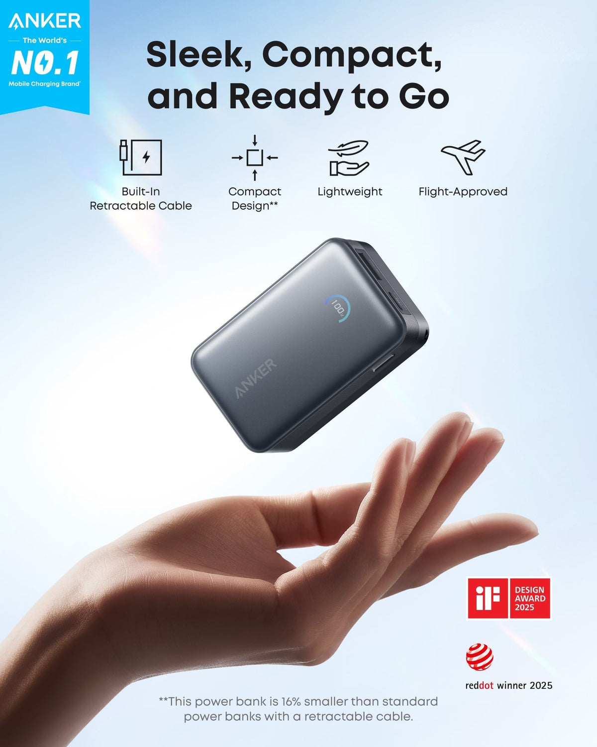 Anker Nano Powerbank (10K, 45W, inbyggd utdragbar USB-C-kabel)