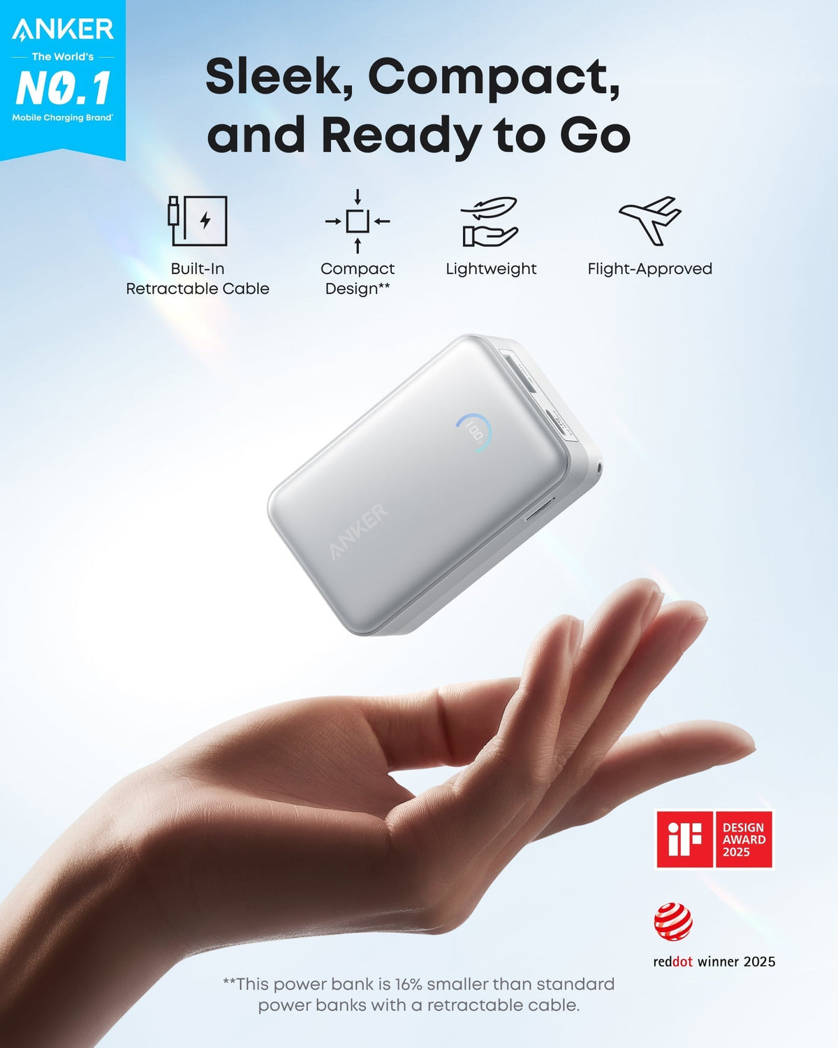 Anker Nano Powerbank (10K, 45W, inbyggd utdragbar USB-C-kabel)