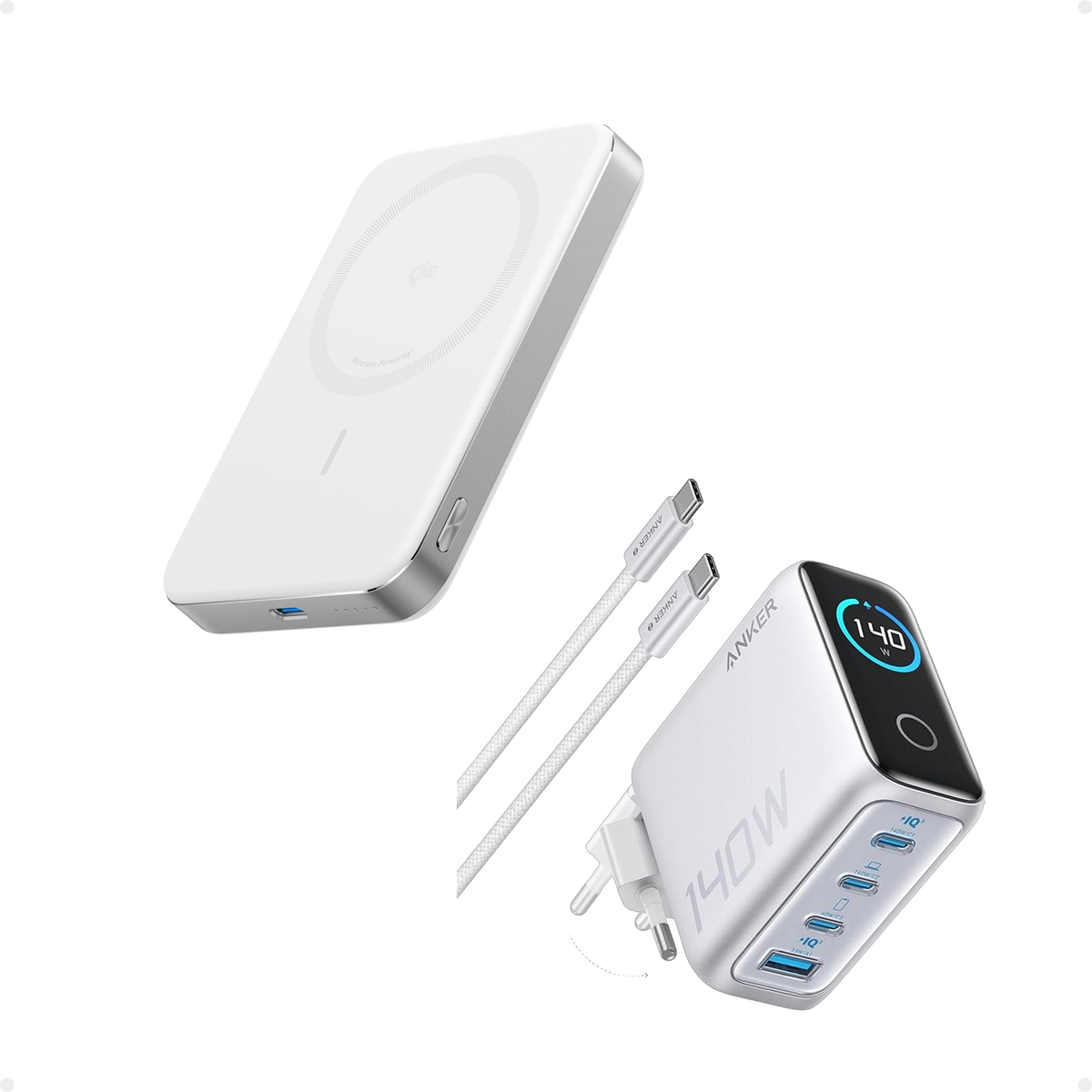 Anker 140W laptoppladdare med 4 portar + MagGo Powerbank 10K Slim – silver/vit