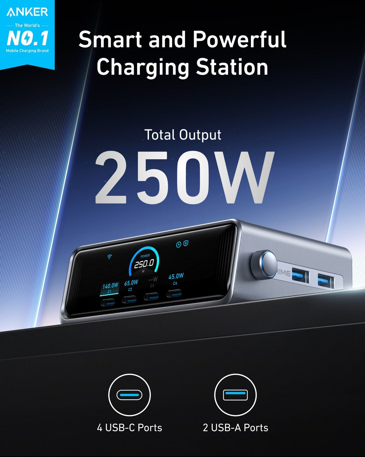 Anker Prime-laddare (250 W, 6 portar, GaNPrime) + Anker 2-i-1 USB-C till USB-C-kabel (1,2 m, 140 W, flätad)