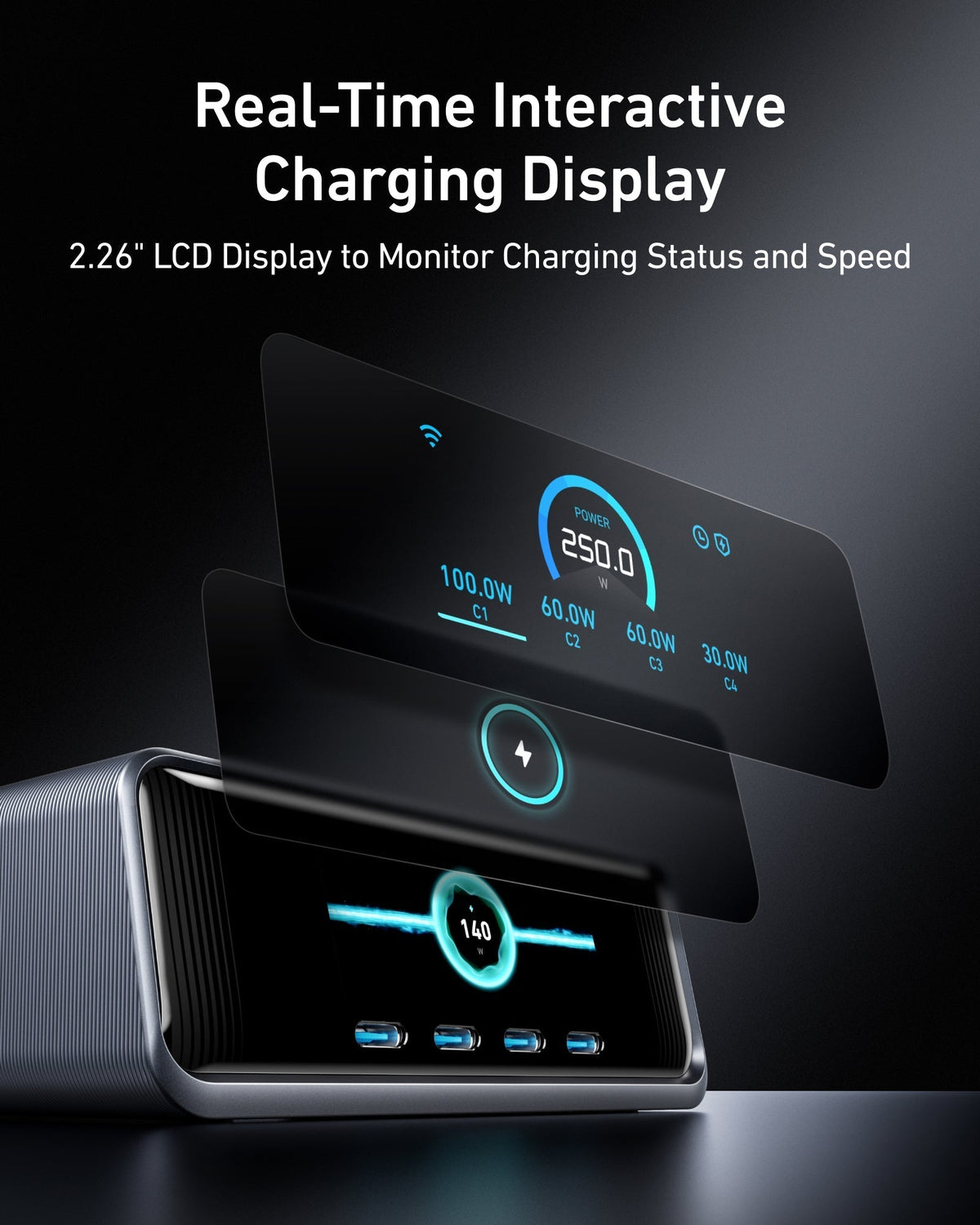 Anker Prime-laddare (250 W, 6 portar, GaNPrime) + Anker 2-i-1 USB-C till USB-C-kabel (1,2 m, 140 W, flätad)