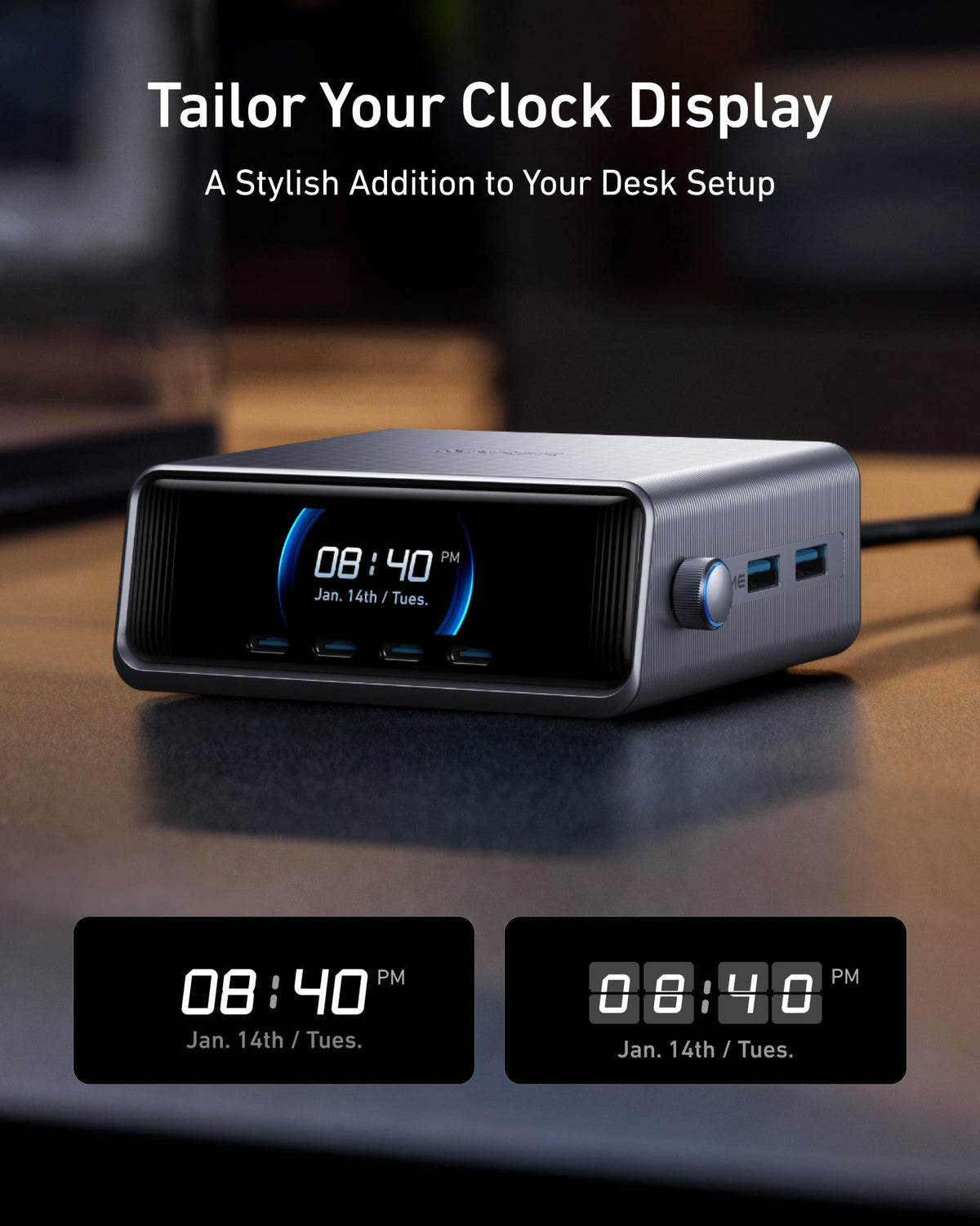 Anker Prime-laddare (250 W, 6 portar, GaNPrime) + Anker 2-i-1 USB-C till USB-C-kabel (1,2 m, 140 W, flätad)