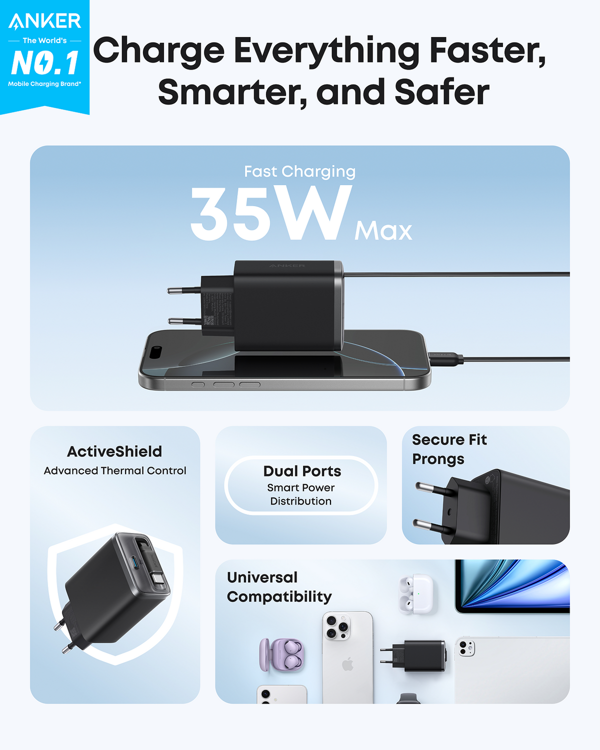 Anker Nano-laddare (35W, inbyggd utdragbar USB-C-kabel)