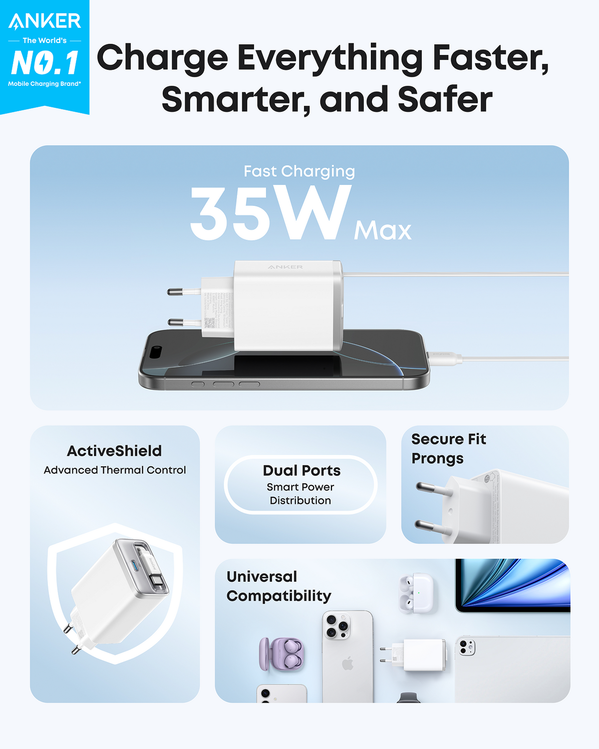 Anker Nano-laddare (35W, inbyggd utdragbar USB-C-kabel)