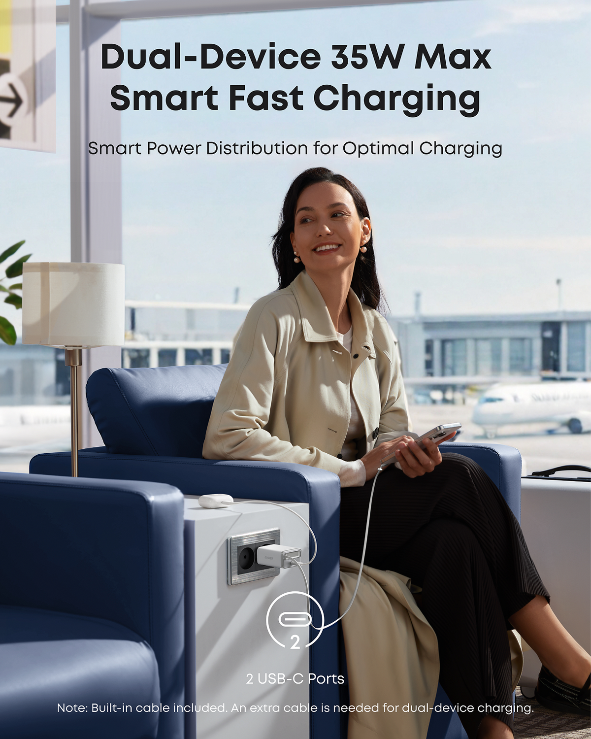 Anker Nano-laddare (35W, inbyggd utdragbar USB-C-kabel)