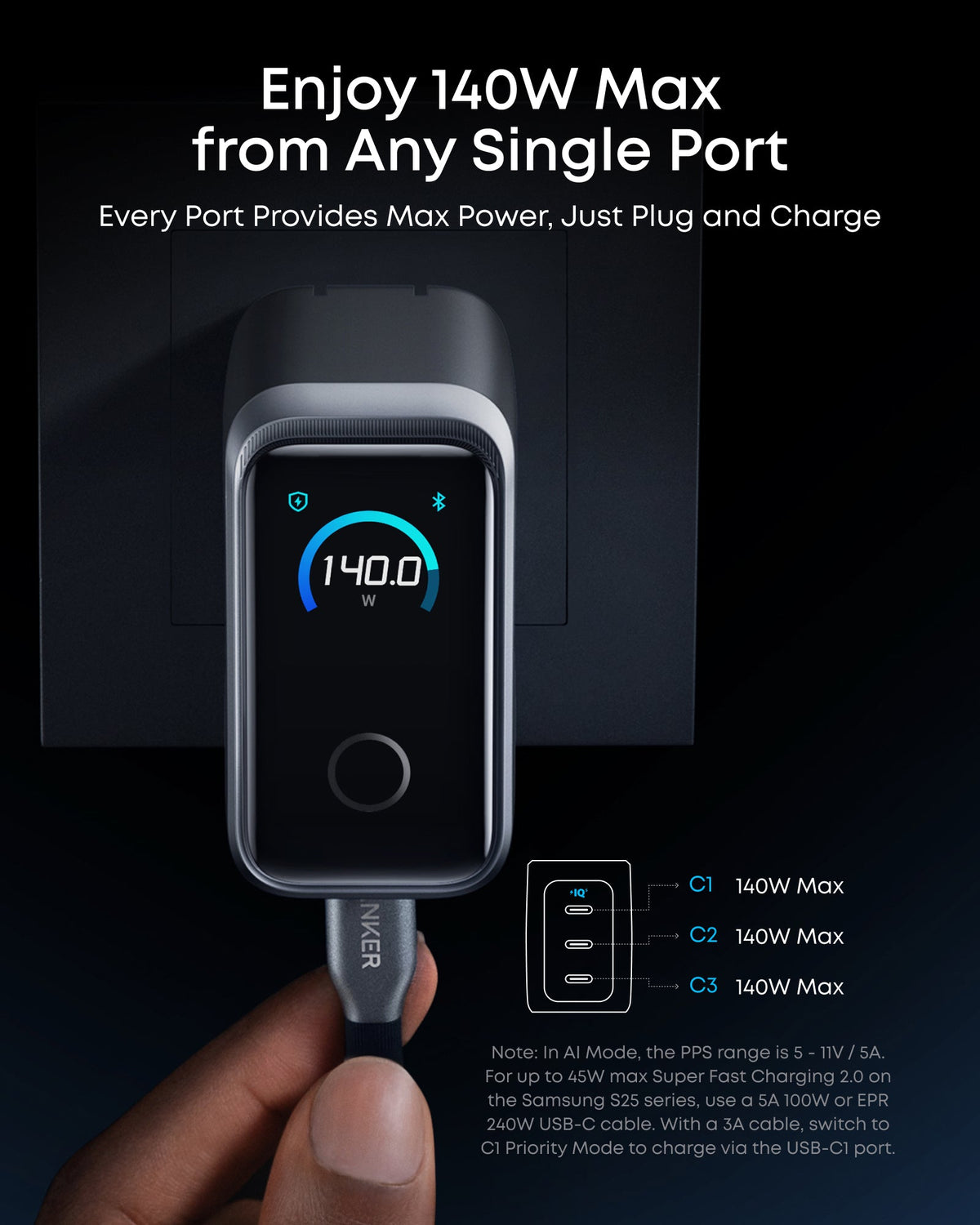 Anker Prime-laddare (160 W, 3 portar, smart skärm) + Anker Prime powerbank (26K, 300 W)