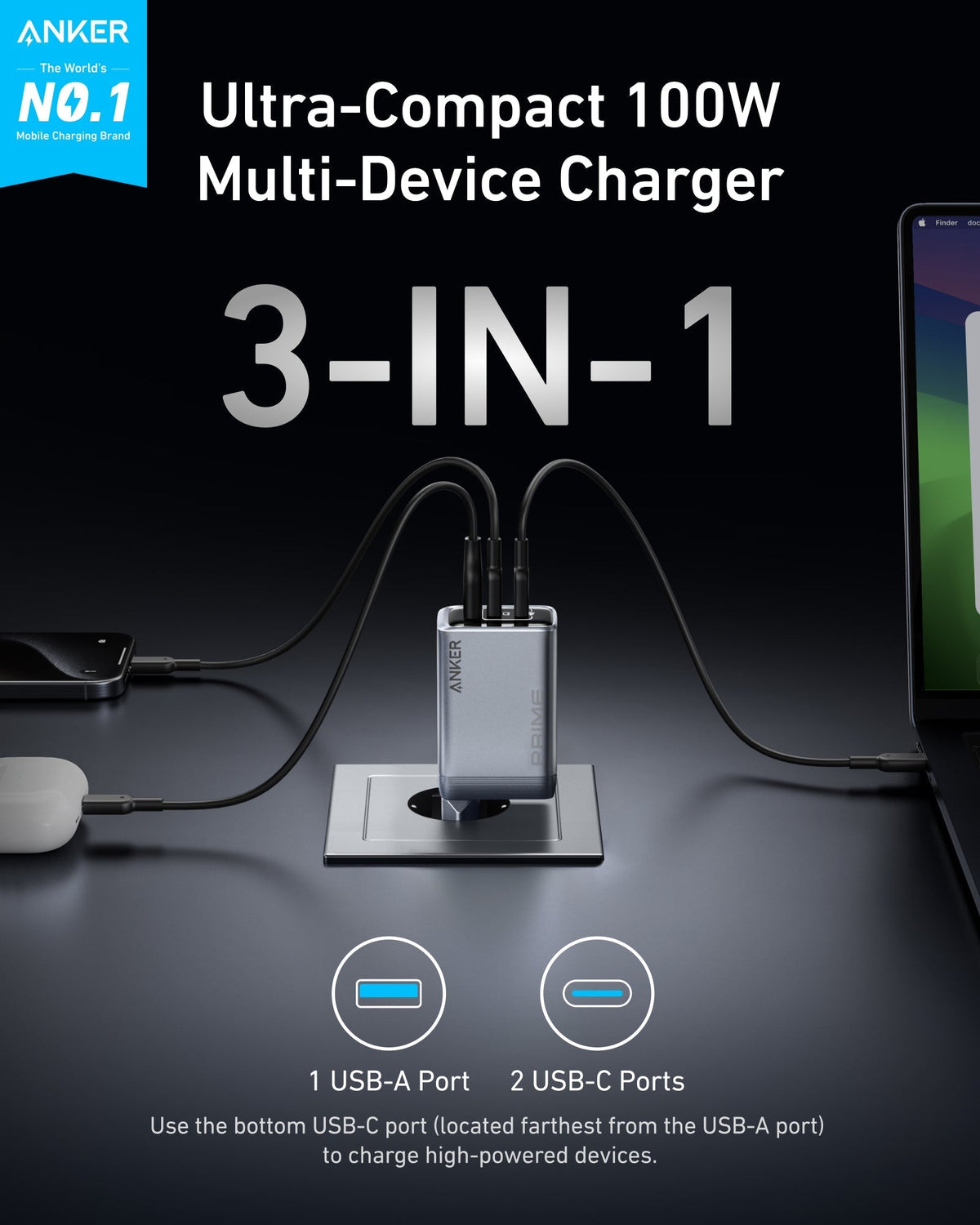 Anker Prime-laddare (100W, 3 portar, GaN)