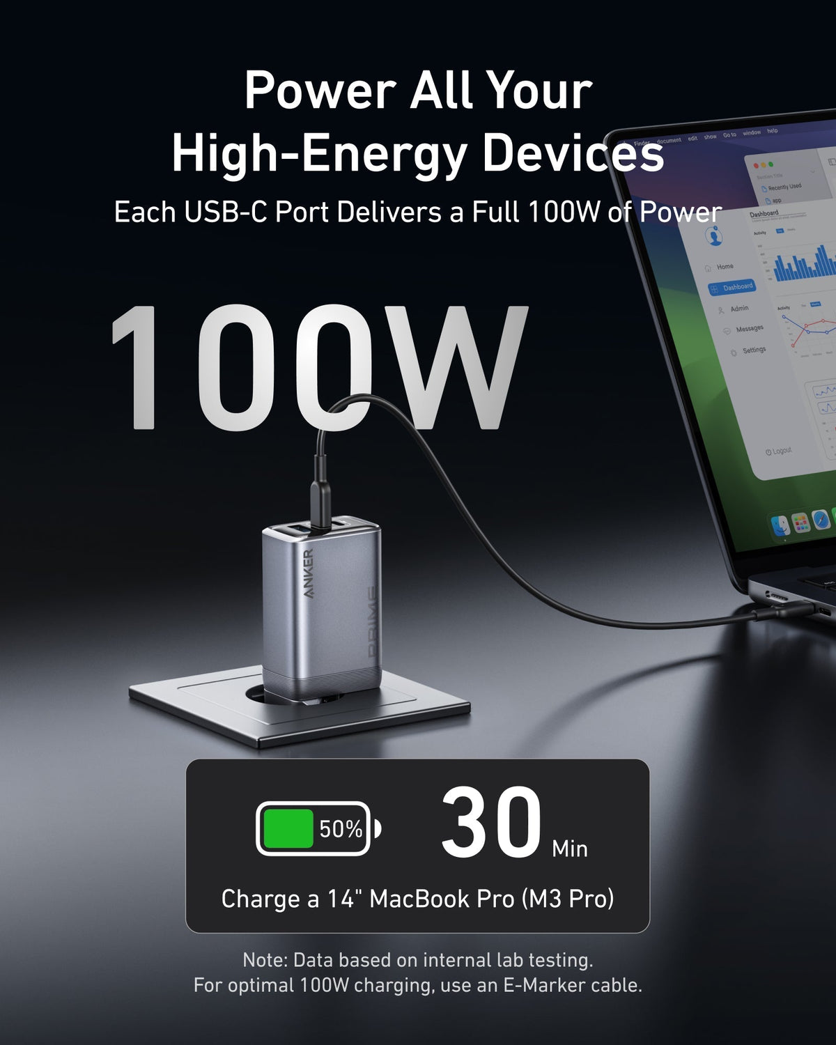 Anker Prime-laddare (100W, 3 portar, GaN)