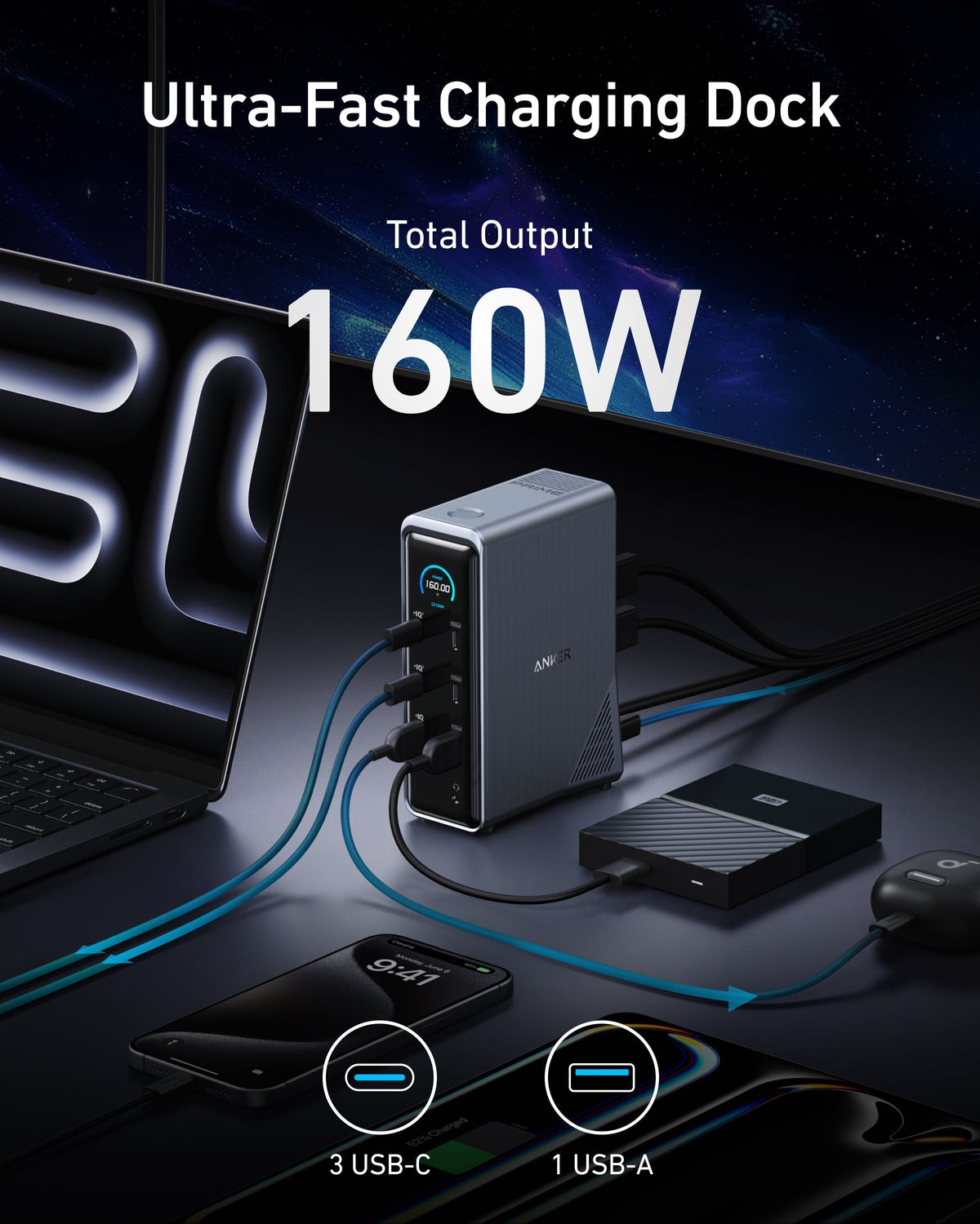 Anker Prime laddningsdockningsstation (14-i-1, dubbel skärm, 160W)