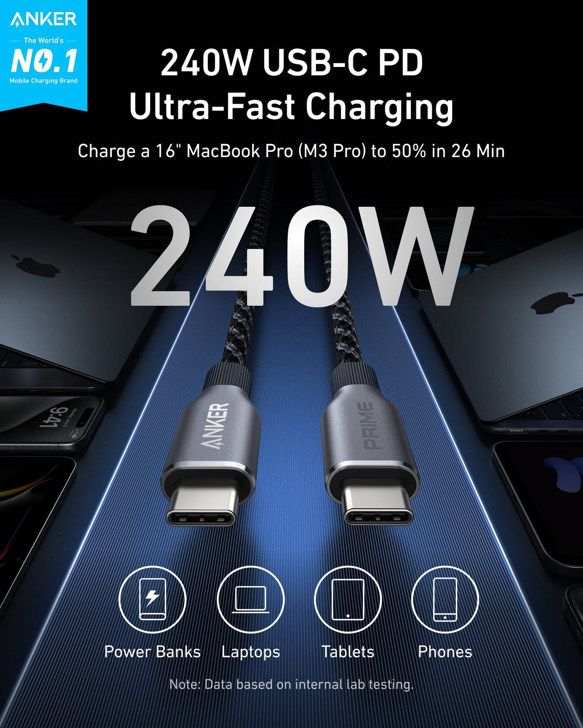 Anker Prime USB-C till USB-C-kabel (240 W, återvunnen flätad)