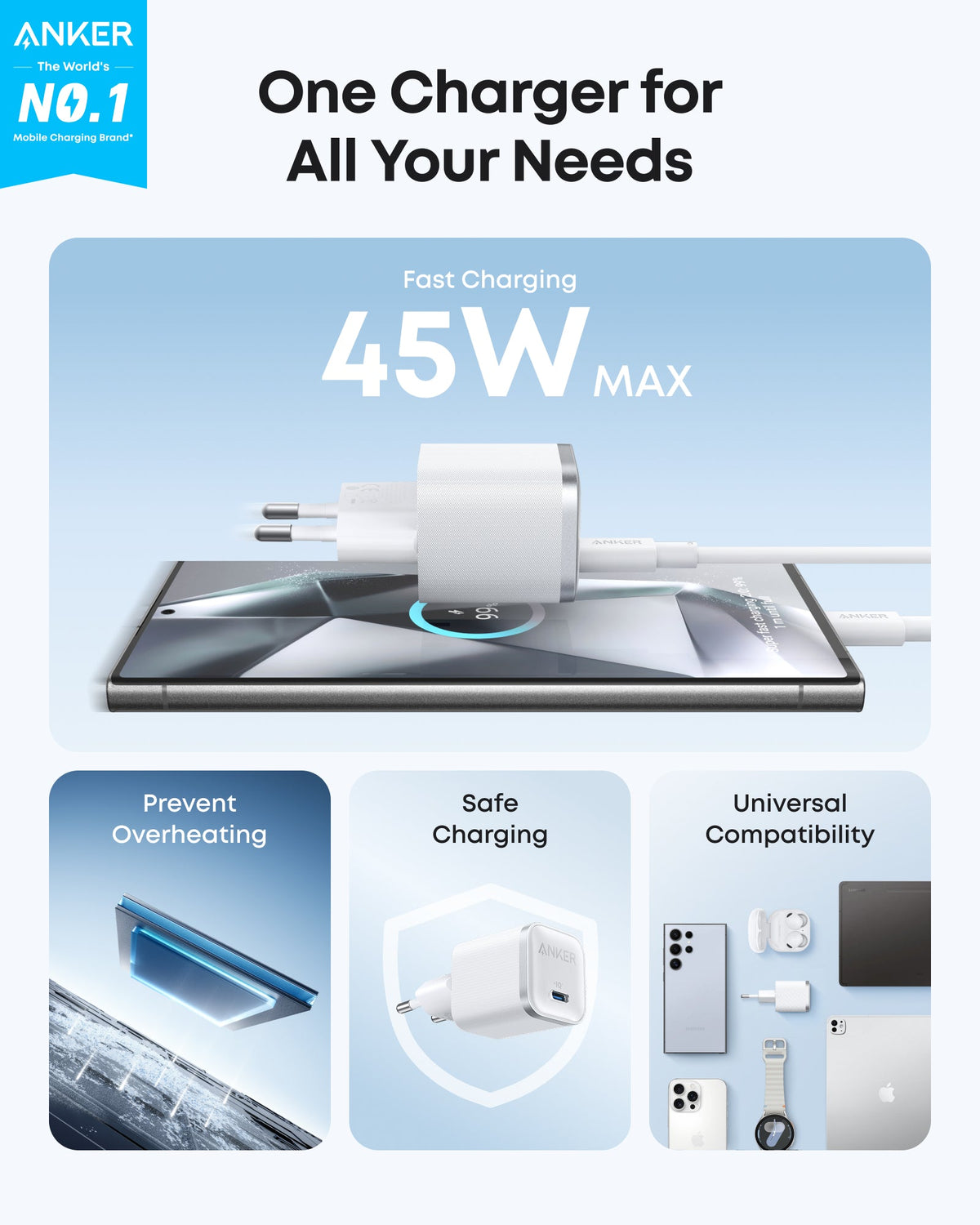 Anker Nano 45W Typ-C Snabbladdare (180 cm kabel ingår)