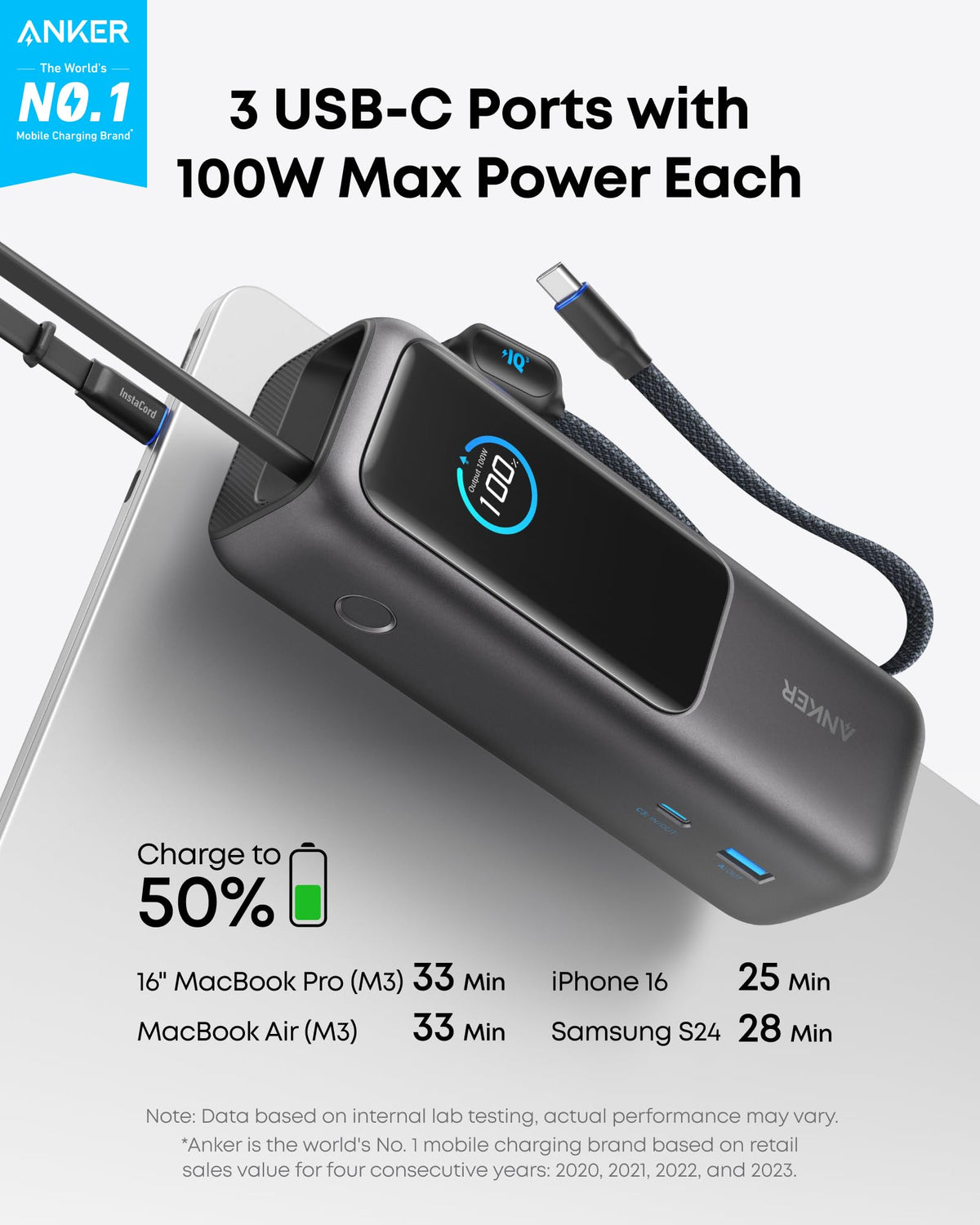 Anker Laptopladdare (140W, 4-portars, PD 3.1) med USB-C-kabel + Anker Laptop Powerbank (25K, 165W, inbyggda och utdragbara kablar)