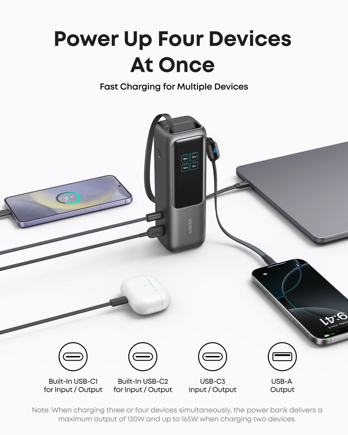 Anker Laptopladdare (140W, 4-portars, PD 3.1) med USB-C-kabel + Anker Laptop Powerbank (25K, 165W, inbyggda och utdragbara kablar)