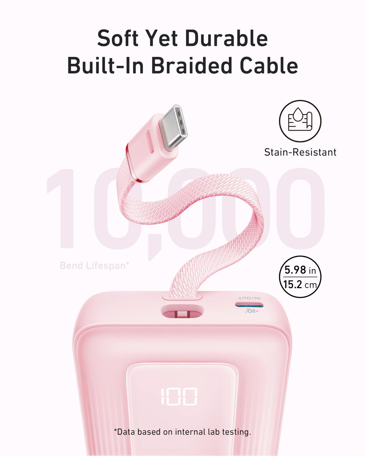 Anker Zolo Power Bank (10K, 30W) med en 5,4-tums (13,7 cm) inbyggd USB-C-kabel.