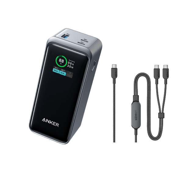 Anker Prime 20 000 mAh powerbank (200 W) + Anker 2-i-1 USB-C till USB-C-kabel (1,2 m, 140 W, flätad)