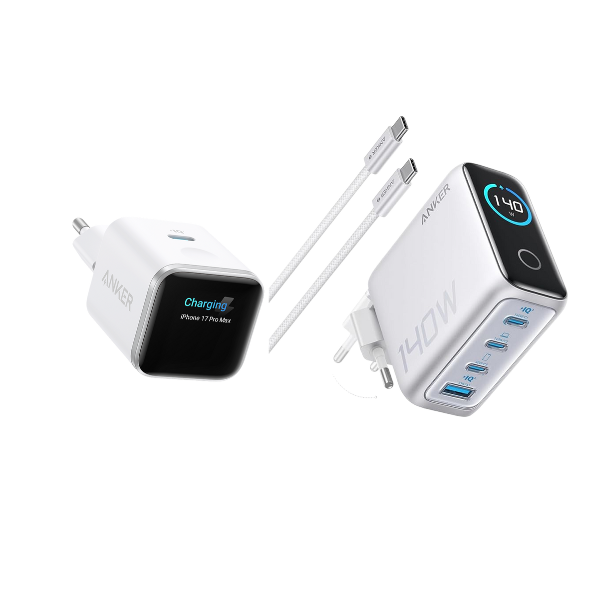 (Vit) Anker Nano 45W Smart Display-laddare + (Silver) Anker Laptop-laddare (140W, 4-portars, PD 3.1) med USB-C-kabel