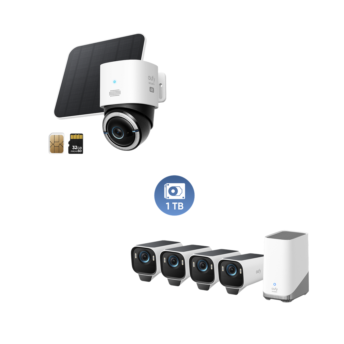 eufyCam S3 Pro 4-kamerapaket + eufy 4G LTE Cam S330 + 1 TB hårddisk