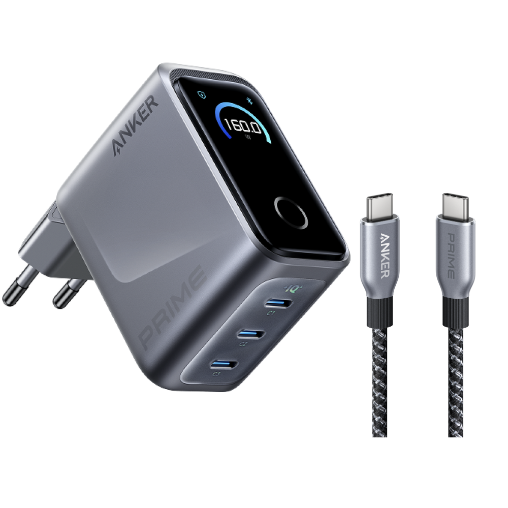 Anker Prime-laddare (160 W, 3 portar, Smart Display) + Anker Prime USB-C till USB-C-kabel (240 W, återvunnen flätad)