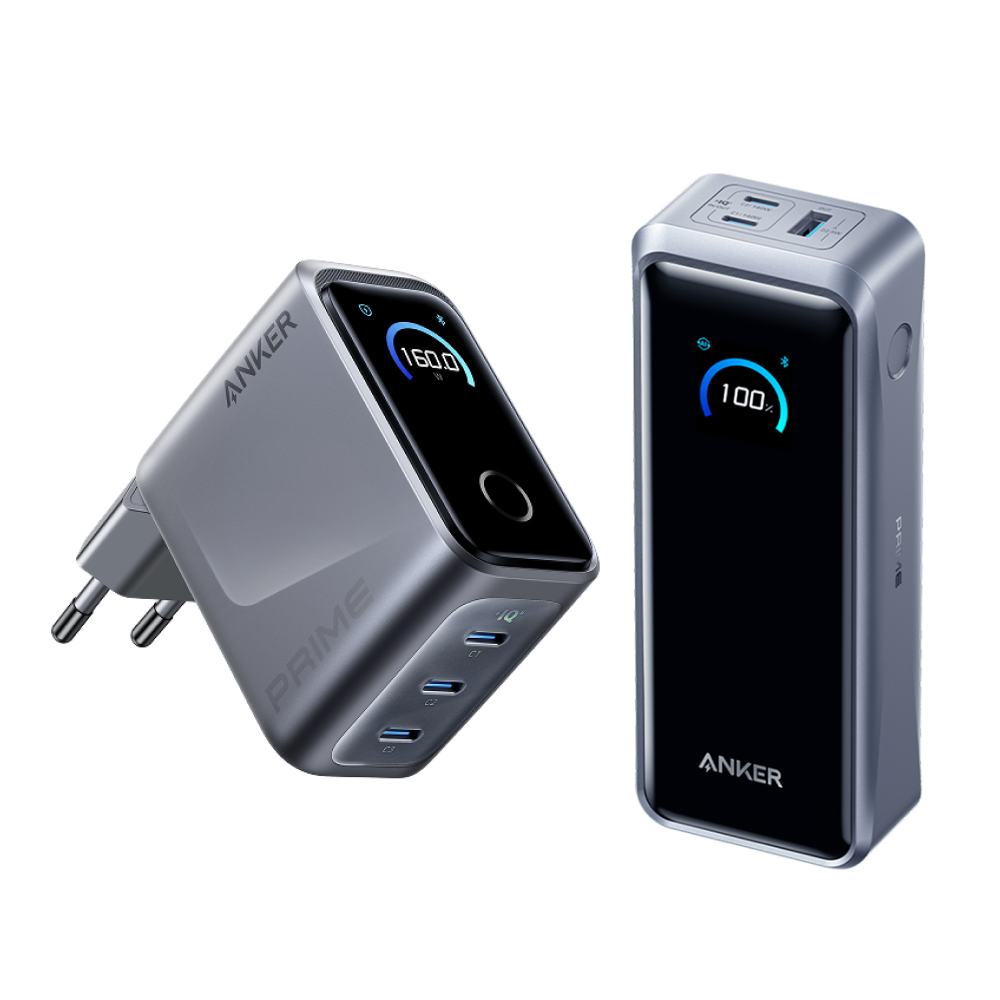 Anker Prime-laddare (160 W, 3 portar, smart skärm) + Anker Prime powerbank (26K, 300 W)