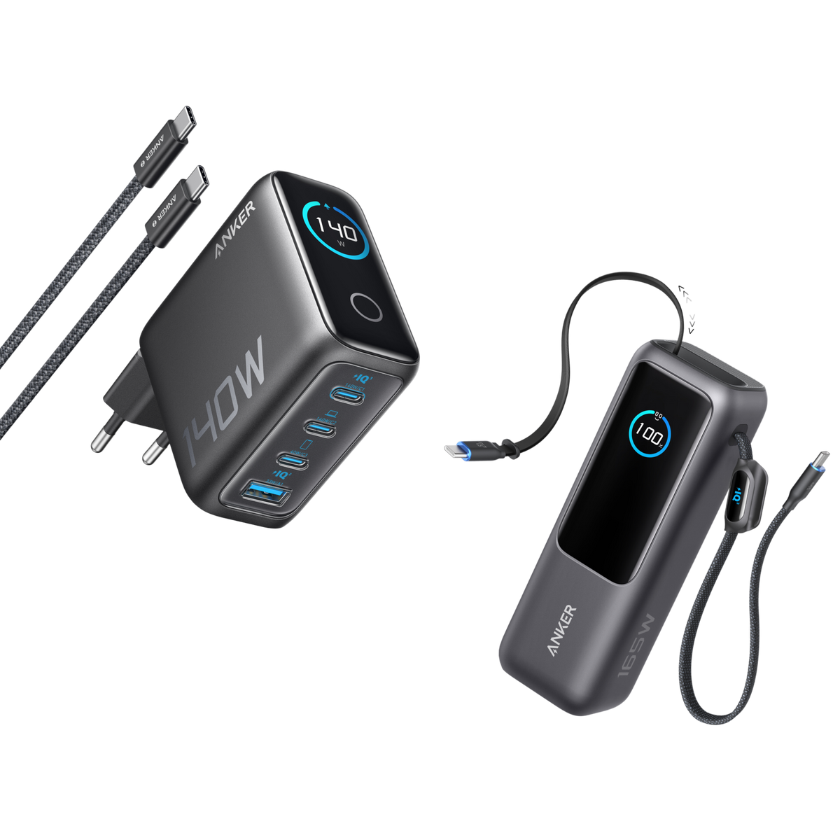 Anker Laptopladdare (140W, 4-portars, PD 3.1) med USB-C-kabel + Anker Laptop Powerbank (25K, 165W, inbyggda och utdragbara kablar)