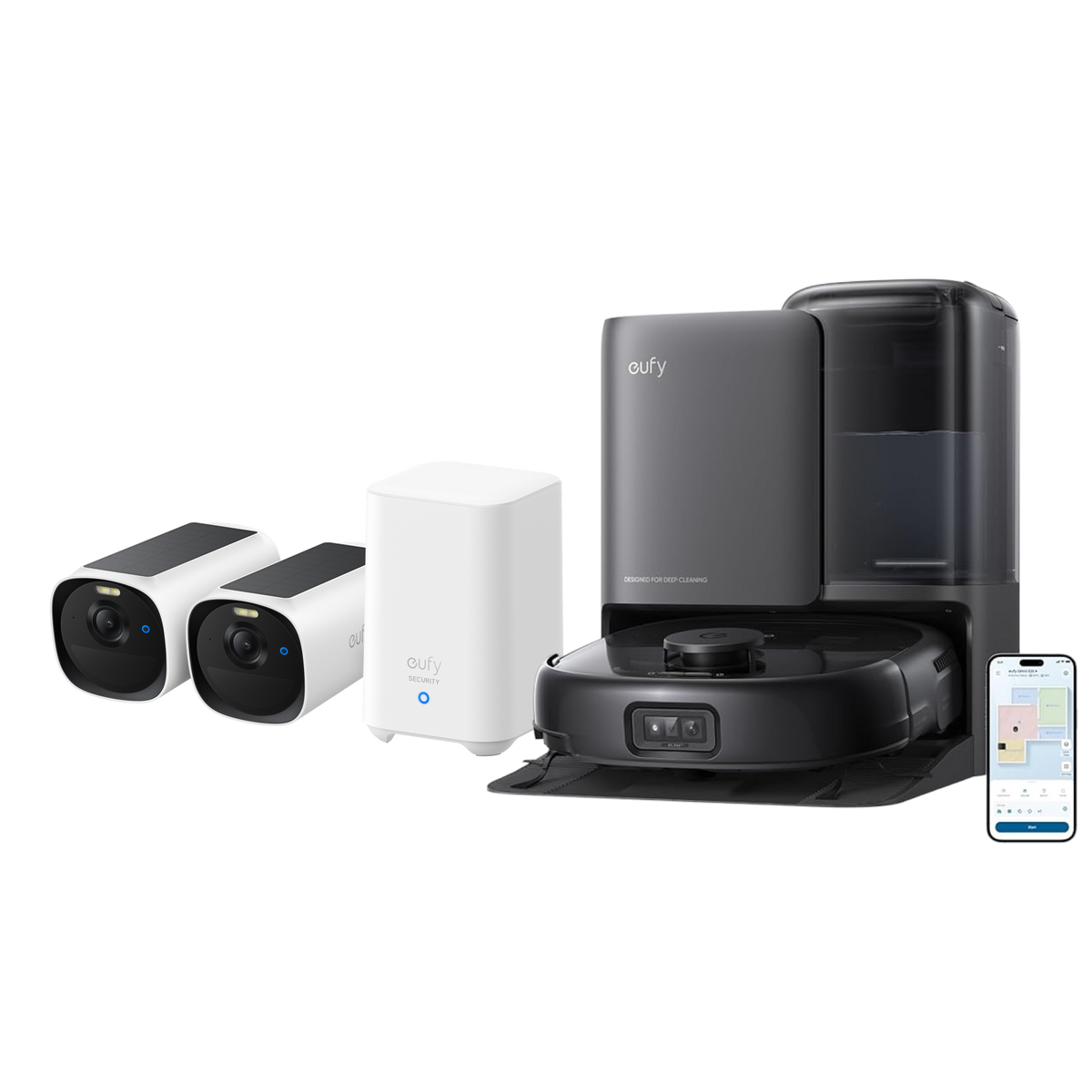 eufyCam E40 2-kamera-kit + HomeBase S280 + eufy robotdammsugare Omni E25 (svart)