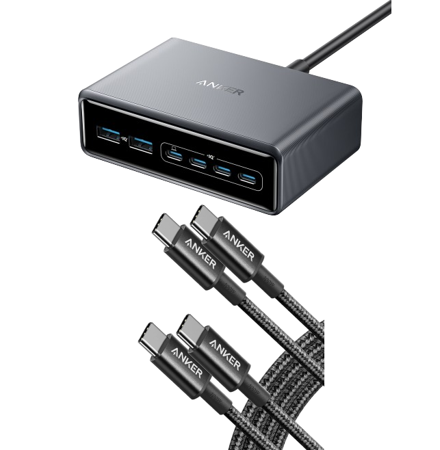 Anker Prime-laddare (200 W, 6 portar, GaN) + USB-C till USB-C-kabel (1,8 m, flätad, 100 W) 2-pack svart