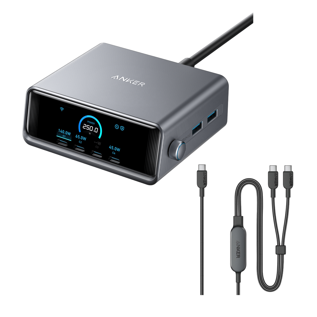Anker Prime-laddare (250 W, 6 portar, GaNPrime) + Anker 2-i-1 USB-C till USB-C-kabel (1,2 m, 140 W, flätad)