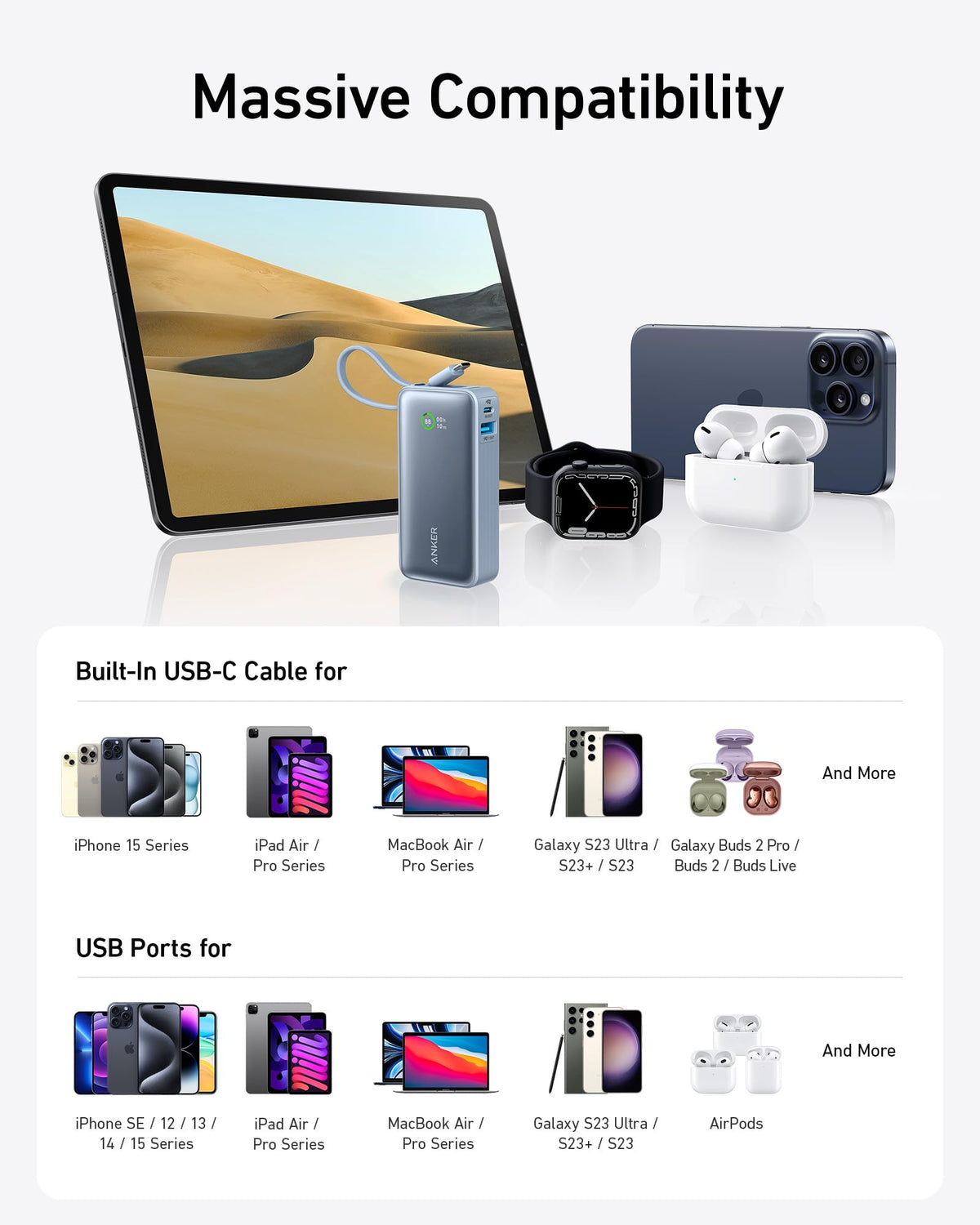 Anker Nano Powerbank (30W, inbyggd USB-C-kabel)